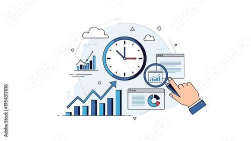 Magnifying glass held over a computer screen with financial charts and a large clock representing time management in data analytics.