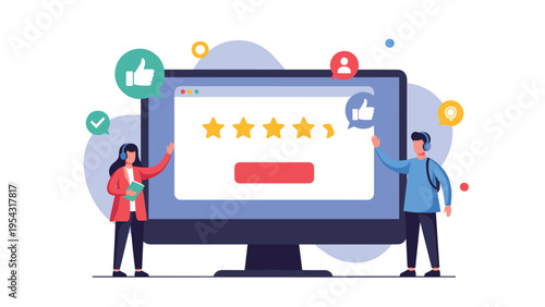 Two people standing next to a computer monitor showing a five star rating for customer feedback and online reputation management concepts.