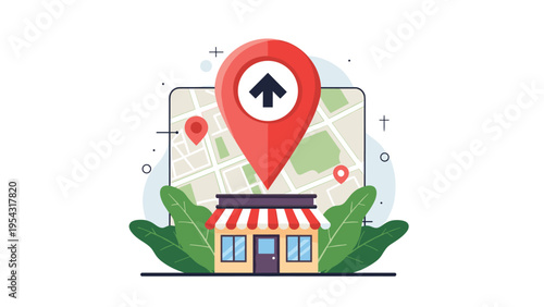 Local business location map with a storefront and a large red pin icon on a background map for search engine optimization and marketing.