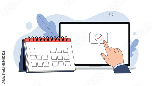 Hand clicking a checkmark on a laptop screen next to a desk calendar for task completion and efficient scheduling of business activities.