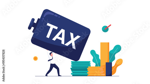 Man struggling to lift a heavy weight labeled tax next to stacks of coins representing the financial burden of high taxation on businesses.