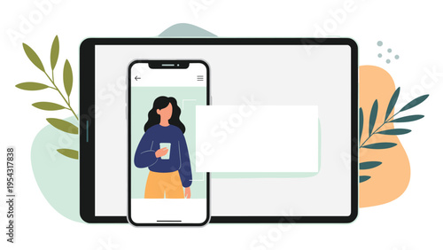 Smartphone and tablet displaying a social media profile of a person with leaves in the background for mobile content consumption concepts.