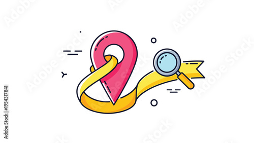 Search for location concept with a red map pin icon, a yellow ribbon, and a magnifying glass for navigation and geolocation services.