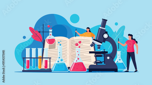 Scientists working in a laboratory with a microscope, test tubes, and a giant book for scientific research and educational experiments.