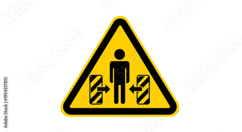 Cautionary warning sign depicting a pedestrian along barriers in a yellow triangle for safety and road awareness.