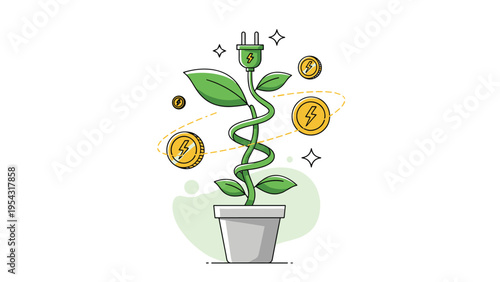 Plant with an electrical plug growing in a pot surrounded by lightning bolt coins for green energy investment and sustainability concepts.