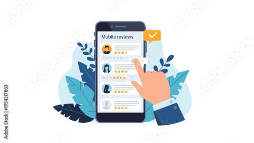 Hand touching a smartphone screen showing mobile app reviews and user ratings for digital reputation and customer feedback concepts.