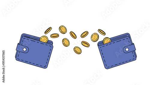 Gold coins flying between two blue wallets representing digital money transfers, mobile payments, and online financial transactions.