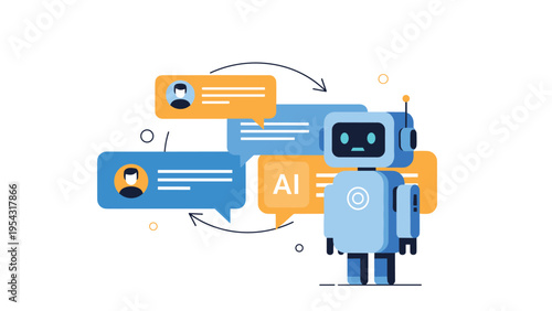 Robot chatbot interacting with human chat bubbles representing artificial intelligence for customer service and automated communication.
