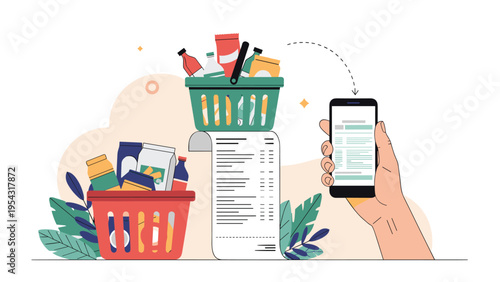 Shopping baskets filled with groceries next to a long paper receipt and a hand holding a smartphone for mobile shopping app concepts.