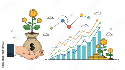 Hand holding a money bag with a growing plant and coins next to upward bar charts for long term investment and wealth growth concepts.