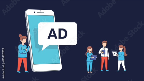 Large mobile phone with an advertisement speech bubble surrounded by people with digital tablets for mobile marketing and promotion.