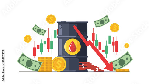 Oil barrel with a red downward arrow and falling cash stacks representing the economic impact of decreasing fuel prices and market crisis.