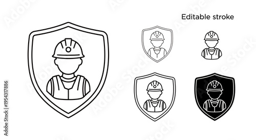 Vector illustration of a construction worker with helmet inside a shield, shown in outlined and filled variants.