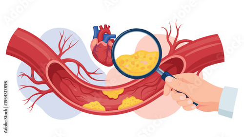 Hand holding a magnifying glass over a clogged artery next to a human heart for cholesterol and cardiovascular disease diagnosis concepts.