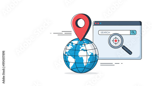 Globe with a map pin next to a computer search bar and magnifying glass for global search engine optimization and international business.
