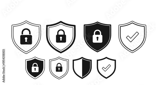 Collection of security shield icons with padlock motifs for digital protection and privacy design.