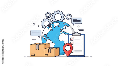 Global logistics and supply chain management with earth globe delivery boxes and checklist for international shipping and trade.