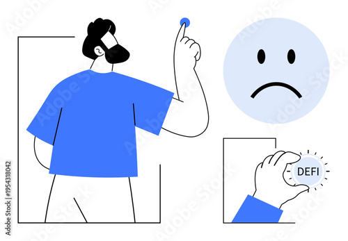 Decentralized finance concept. Illustration showing a user holding a Defi token, expressing dissatisfaction with financial services. Decentralized finance challenges traditional banking systems