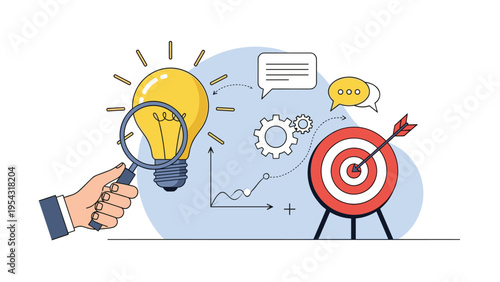Business idea research and strategic planning with human hand holding magnifying glass over light bulb target and growth graph.