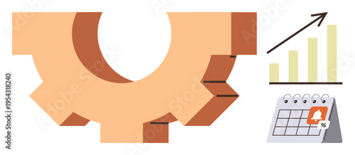 Business strategy, productivity management, economic growth, planning, scheduling, workflow optimization. Gear beside ascending graph and calendar. Business strategy and productivity management