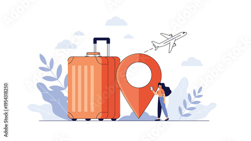 Vacation travel planning and tourism concept with suitcase luggage map location pin airplane and female traveler exploring options.
