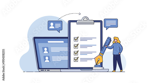 Online registration and application form concept with female user filling digital document on laptop and clipboard with checklist.
