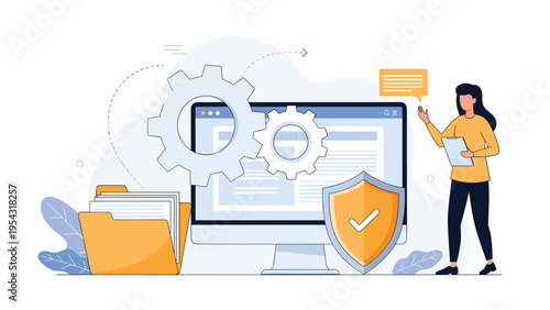 Cybersecurity and personal data protection with professional woman managing secure server settings and shield on computer screen.