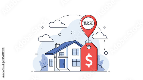 Property tax and real estate investment costs with residential house building tax location pin and red dollar price tag symbol.