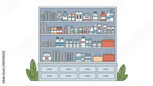 Pharmacy medical store shelves with various medicine bottles pill boxes and healthcare products for professional health shop concept.