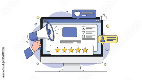 Social media marketing and customer feedback reviews with megaphone and five star review rating scale on professional computer monitor.