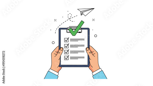 Survey evaluation and task completion concept with human hands holding clipboard with checklist and large green check mark sign.