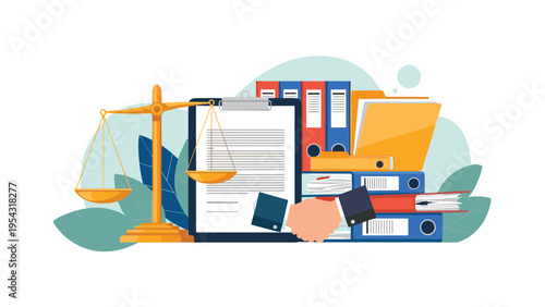 Legal services and law agreement contract with golden scales of justice clipboard folders and business professional handshake.