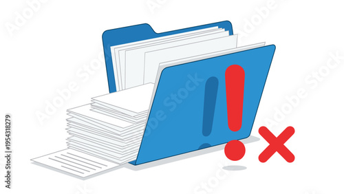 Data loss and file system error concept with open blue folder spilling documents with red warning exclamation mark and cross sign.