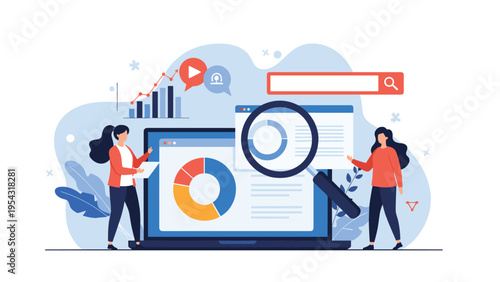 Web search and search engine optimization SEO with professional people analyzing website traffic and analytics data on laptop screen.