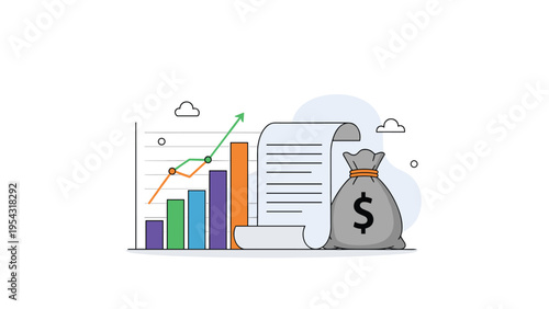 Financial growth and capital profit concept with large bag of money currency dollar sign and rising bar chart with green arrow.