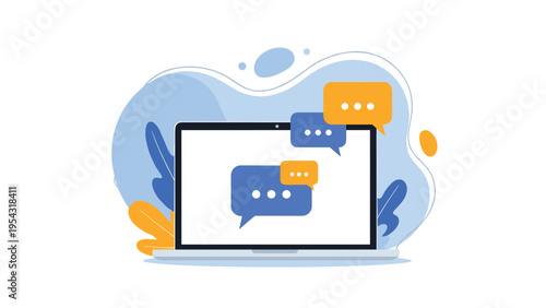 Online customer support and digital chat communication concept featuring colorful speech bubbles on a laptop screen.