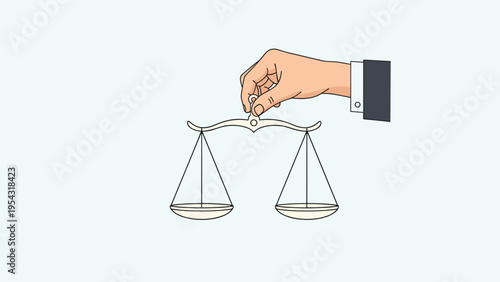 Justice and legal equality concept illustration featuring a professional hand holding a set of balanced scales.