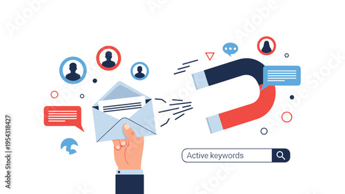 Email marketing and customer lead generation concept showing magnet attracting people through digital newsletter campaigns.