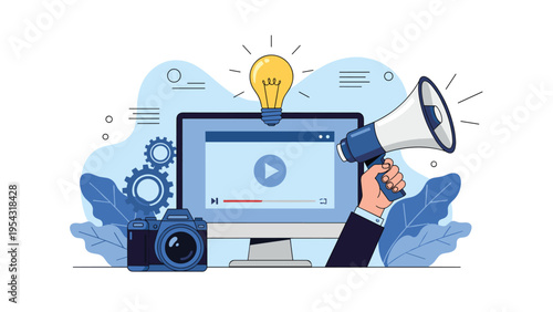 Video content creation and digital media marketing concept with camera, megaphone, and an innovative lightbulb idea.