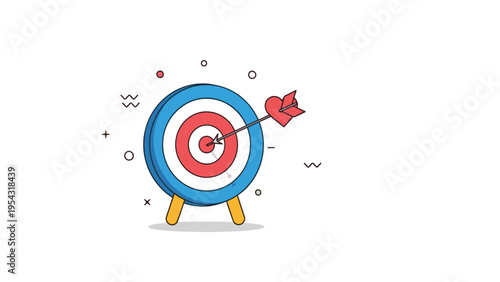 Customer loyalty and target audience emotional connection concept with a heart shaped arrow hitting the bullseye.