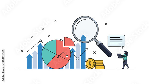 Business data visualization and financial auditing concept with woman analyzing charts and graphs with a magnifier.