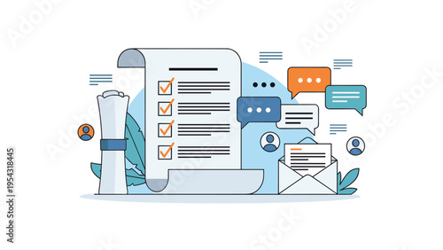 Survey results and customer feedback analysis concept featuring a long checklist scroll and communication bubbles.