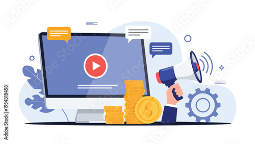 Video marketing campaign and content distribution strategy concept with megaphone, camera gear, and video player.