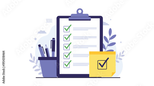 Project task management and productivity tracking concept featuring a checklist on a clipboard with office supplies.