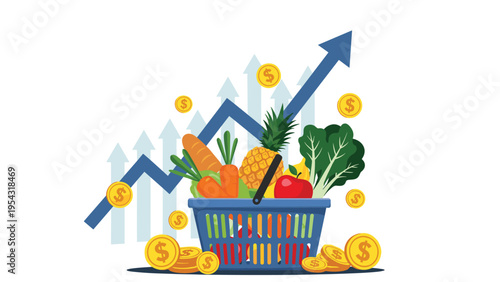 Rising food prices and grocery inflation concept with a blue shopping basket of fresh produce and upward arrow.