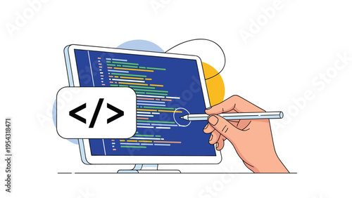 Software engineering and front end web development concept showing a hand writing code on a computer monitor.