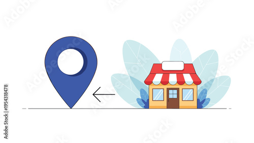 Store location discovery and local shop finder concept with a large blue map pin icon next to a retail building.