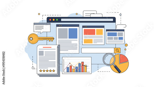 Website analytics and data search optimization concept featuring web windows, magnifying glass, and a security key.
