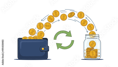 Money transfer and budgeting between savings and spending concept showing coins moving from wallet to jar.